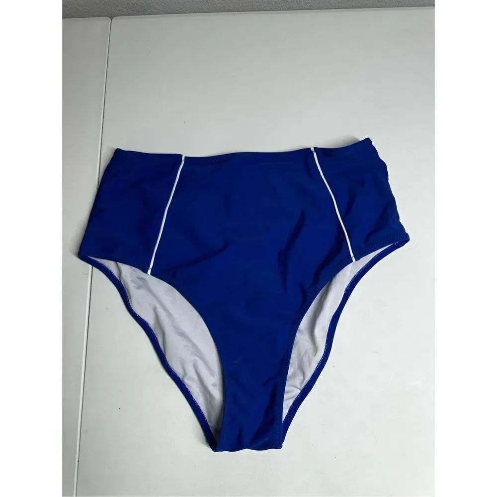 CUPSHE Size XL Swim Bottom Bikini Swimsuit Hi-Rise Royal Blue Retro Look